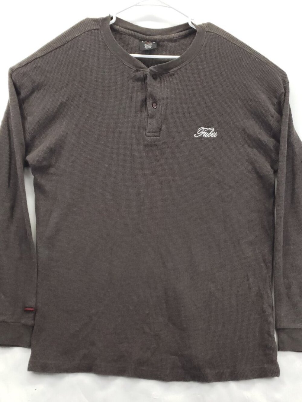 FUBU Henley Sweater Mens XL Brown 100% Cotton Embroidered Long Sleeve Pullover